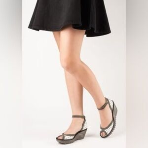 FLY LONDON Ydel Perforated Distressed Leather Wedge Ankle Strap Sandals